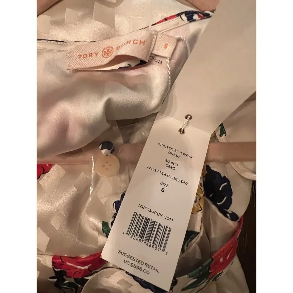Tory Burch Printed Silk Wrap Dress Ivory Tea Rose Size 8 Floral Luxury Ruffle